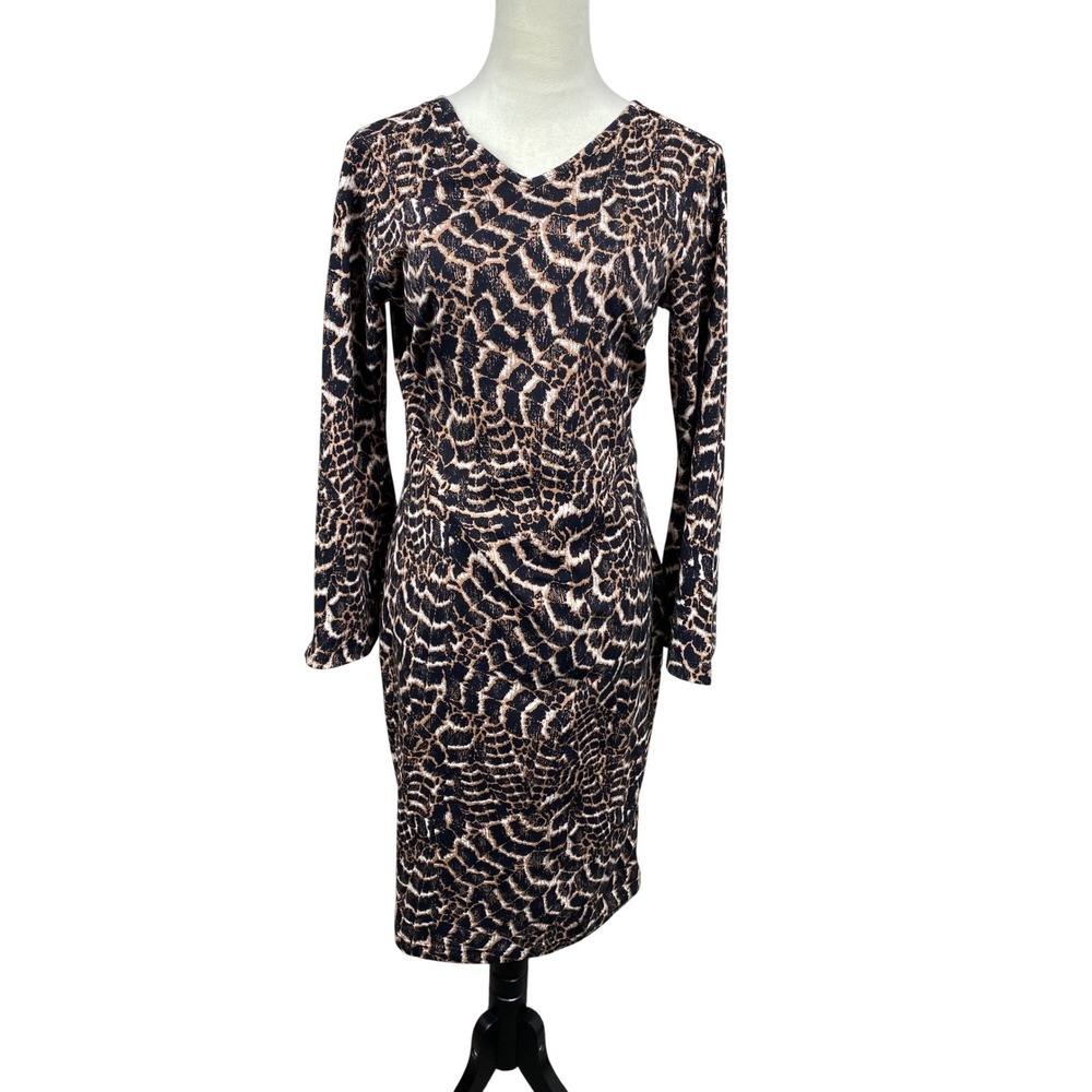 ASHRO Animal Print‎ Bodycon Dress Long Sleeve V Neck Size Small Mob Wife